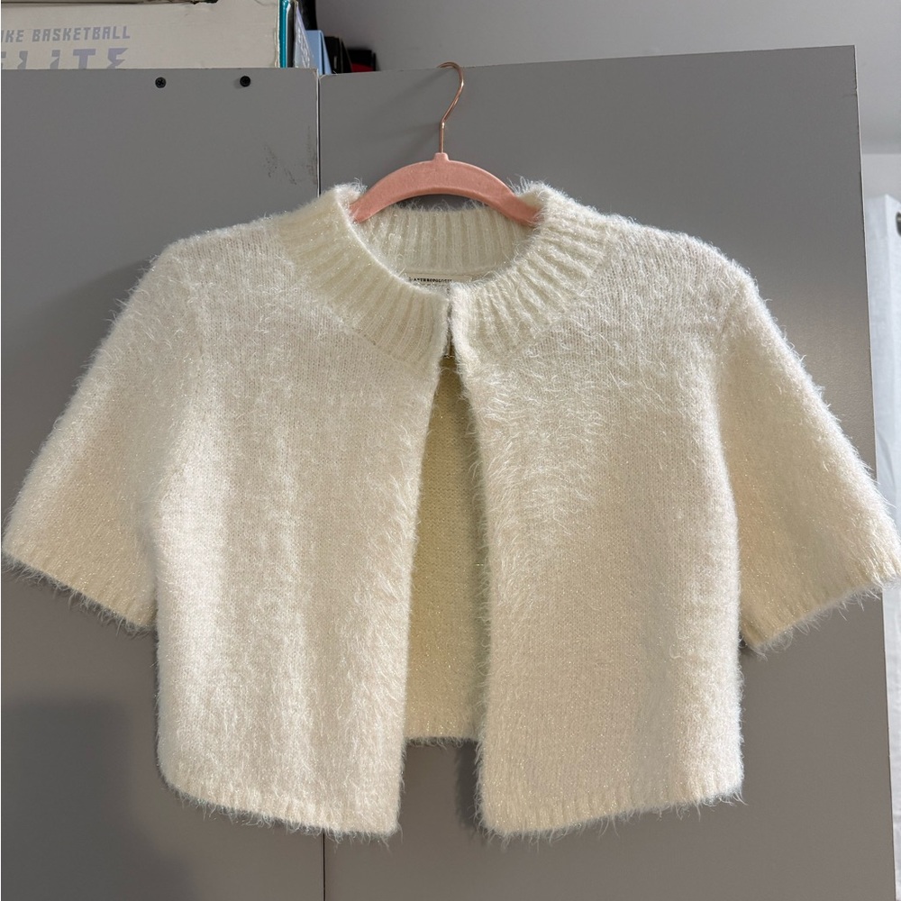 Cream Short-Sleeve Fuzzy Crop Sweater